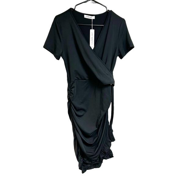 New: Liumilac Black Ruched Bodycon Dress with V Neck Ruffle Fairy Whimsy Size S - Picture 1 of 5